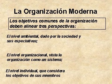 La Organización Moderna Los objetivos comunes de la organización deben alinear tres perspectivas: El