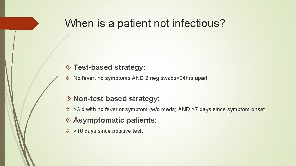 When is a patient not infectious? Test-based strategy: No fever, no symptoms AND 2