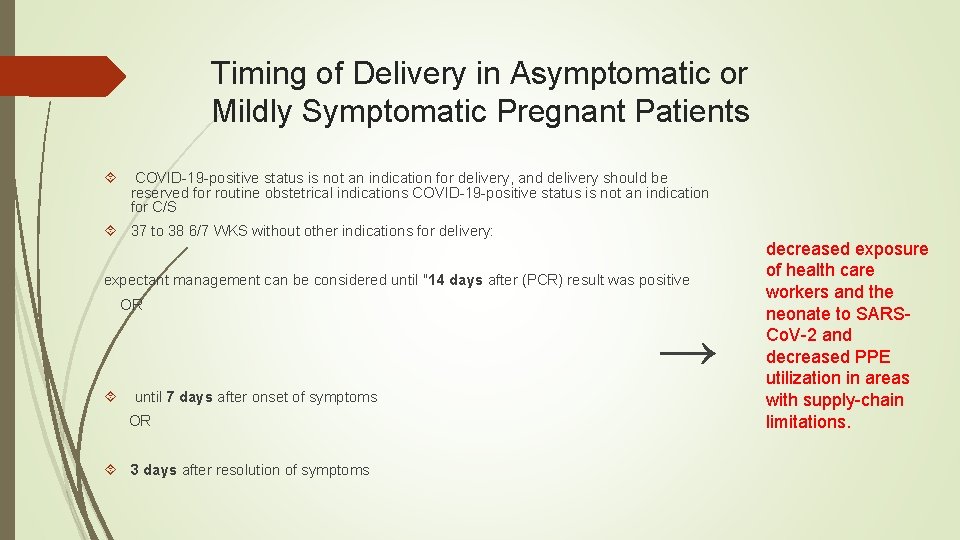 Timing of Delivery in Asymptomatic or Mildly Symptomatic Pregnant Patients COVID-19 -positive status is