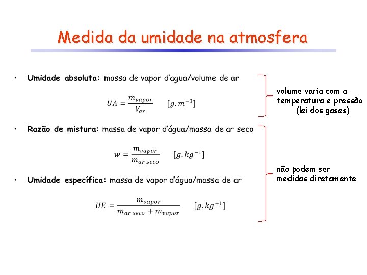 Medida da umidade na atmosfera • volume varia com a temperatura e pressão (lei