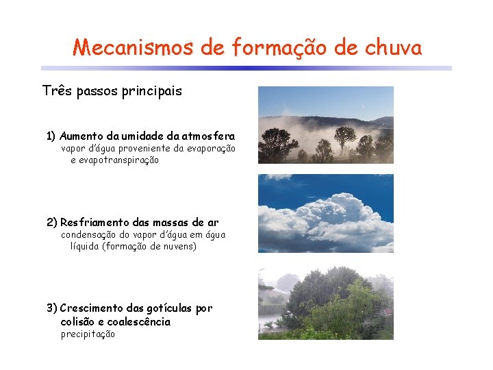 Mecanismos de formação de chuva Três passos principais 1) Aumento da umidade da atmosfera