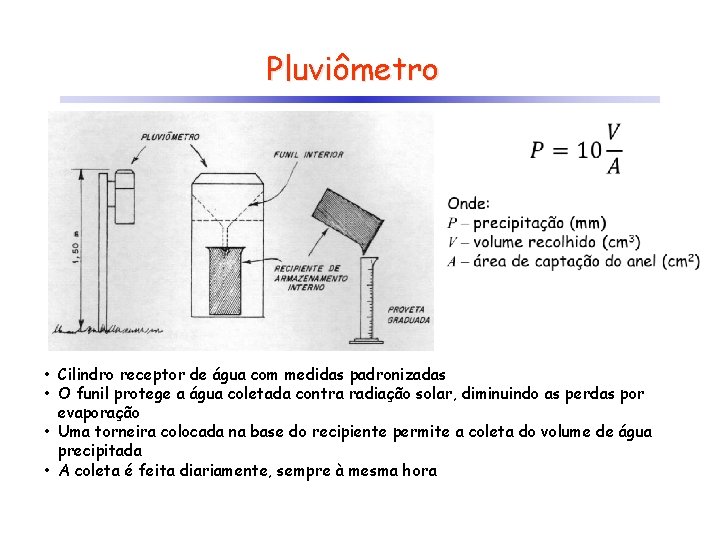 Pluviômetro • Cilindro receptor de água com medidas padronizadas • O funil protege a