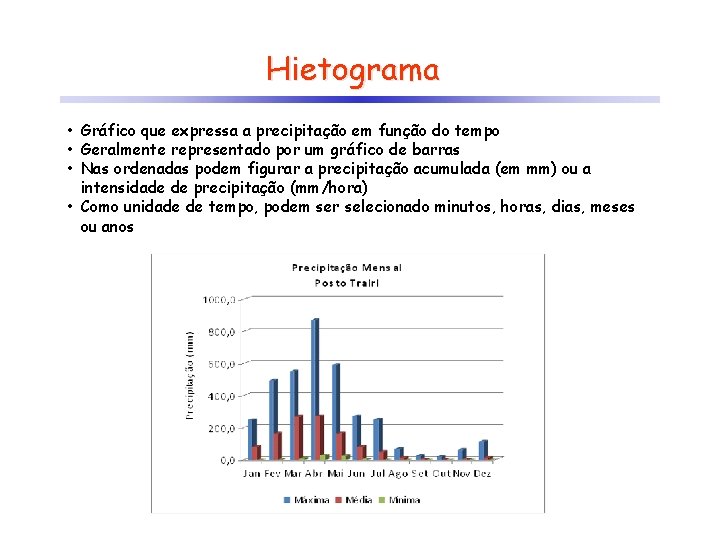 Hietograma • Gráfico que expressa a precipitação em função do tempo • Geralmente representado