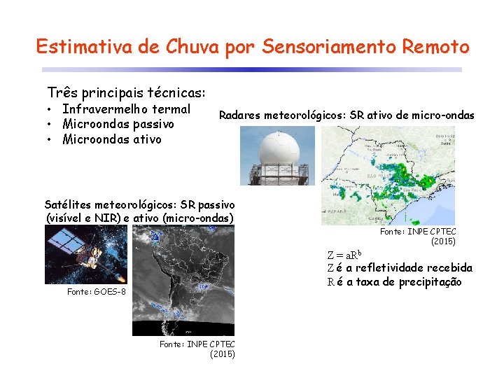 Estimativa de Chuva por Sensoriamento Remoto Três principais técnicas: • Infravermelho termal • Microondas