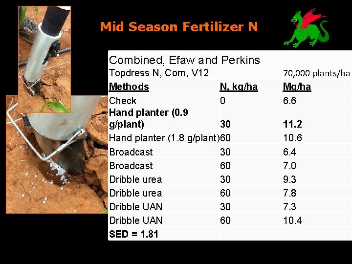 Mid Season Fertilizer N Combined, Efaw and Perkins Topdress N, Corn, V 12 Methods