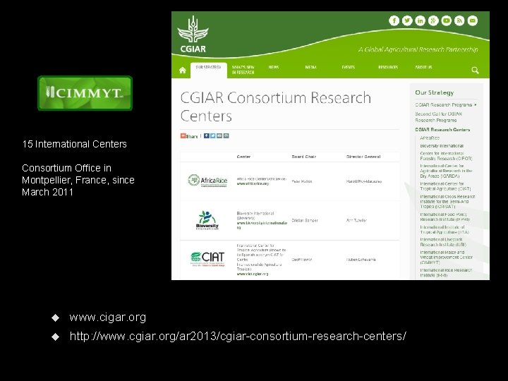 15 International Centers Consortium Office in Montpellier, France, since March 2011 www. cigar. org