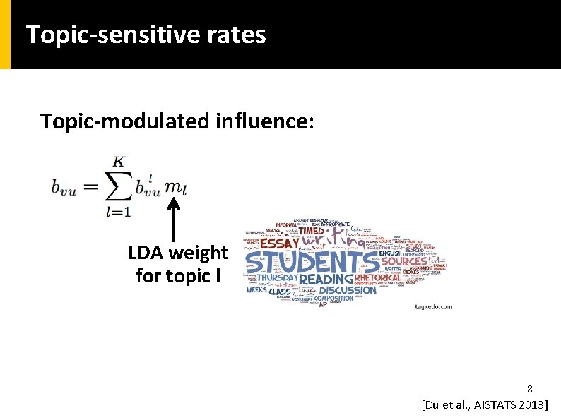 Topic-sensitive rates Topic-modulated influence: LDA weight for topic l 8 [Du et al. ,