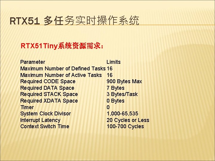 RTX 51 多任务实时操作系统 RTX 51 Tiny系统资源需求： Parameter Limits Maximum Number of Defined Tasks 16