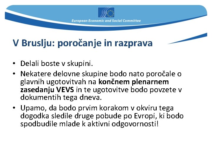 V Bruslju: poročanje in razprava • Delali boste v skupini. • Nekatere delovne skupine