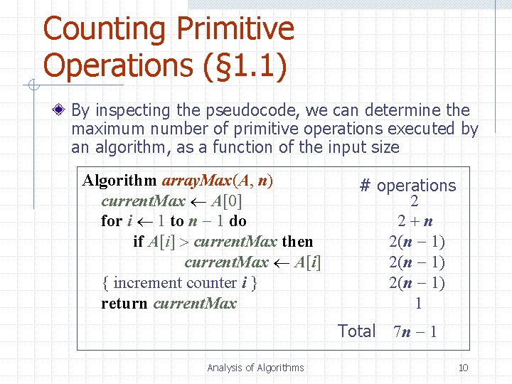 Counting Primitive Operations (§ 1. 1) By inspecting the pseudocode, we can determine the