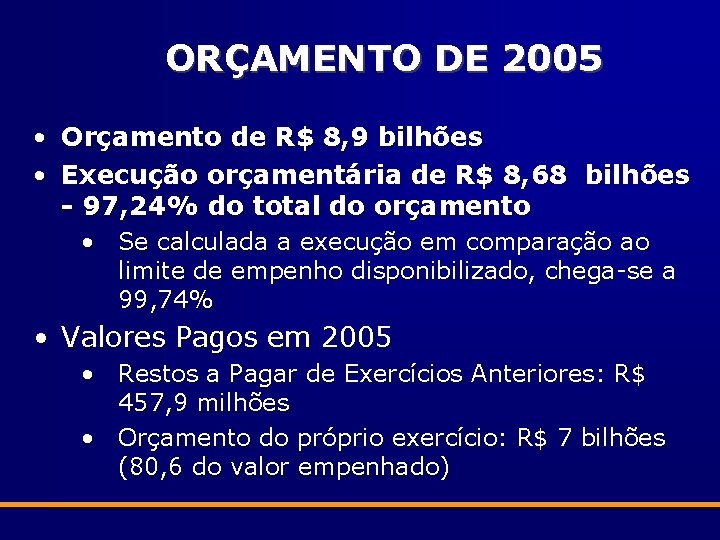 ORÇAMENTO DE 2005 • Orçamento de R$ 8, 9 bilhões • Execução orçamentária de