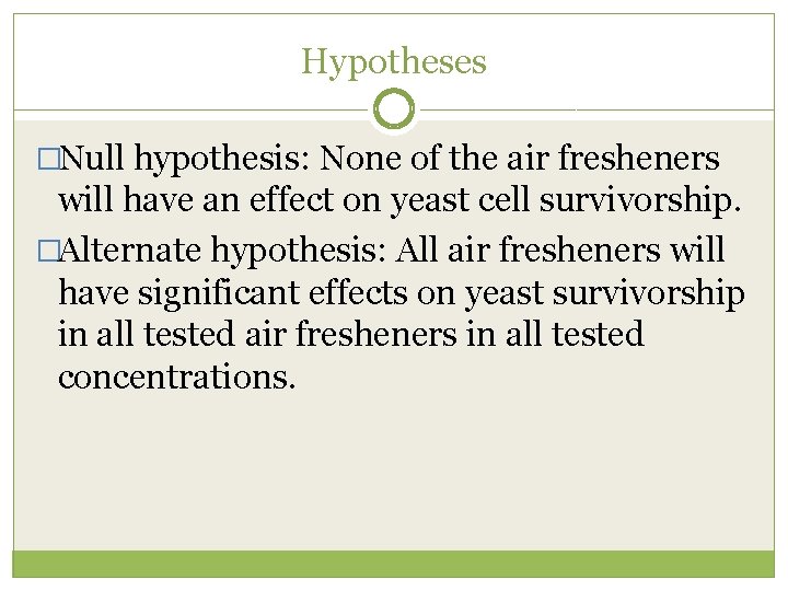 Hypotheses �Null hypothesis: None of the air fresheners will have an effect on yeast