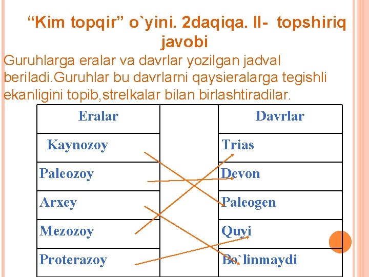 “Kim topqir” o`yini. 2 daqiqa. II- topshiriq javobi Guruhlarga eralar va davrlar yozilgan jadval