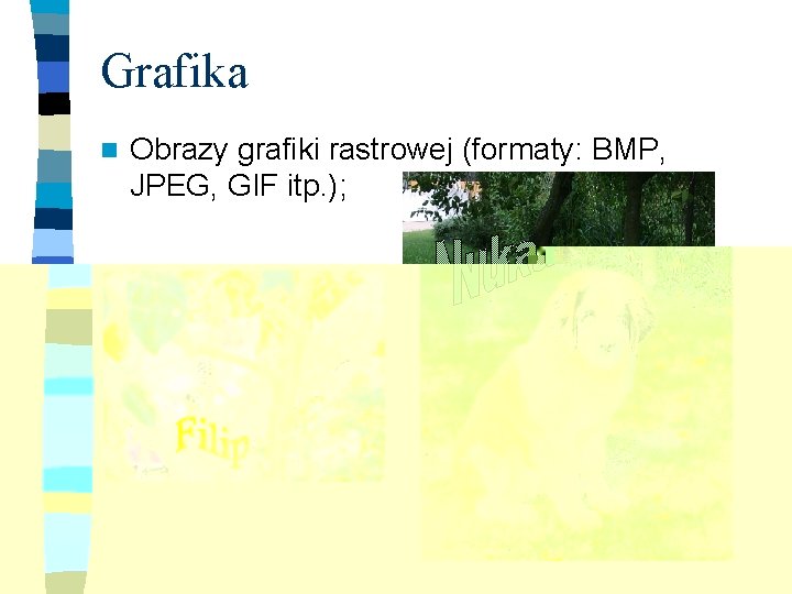 Grafika n Obrazy grafiki rastrowej (formaty: BMP, JPEG, GIF itp. ); 