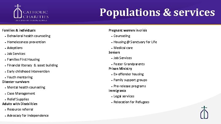 Populations & services Families & individuals Behavioral health counseling · Homelessness prevention · Adoptions