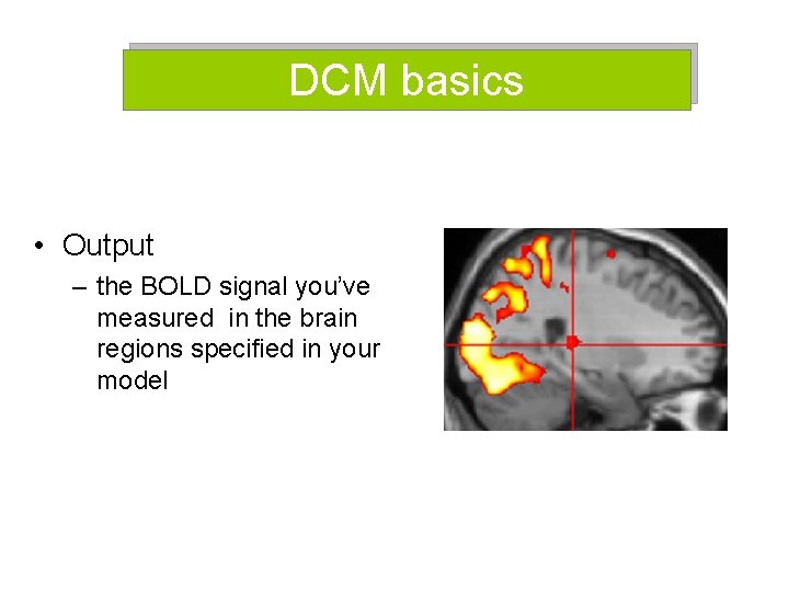DCM basics • Output – the BOLD signal you’ve measured in the brain regions