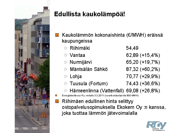 Edullista kaukolämpöä! Kaukolämmön kokonaishinta (€/MWH) eräissä kaupungeissa Riihimäki 54, 49 Vantaa 62, 89 (+15,