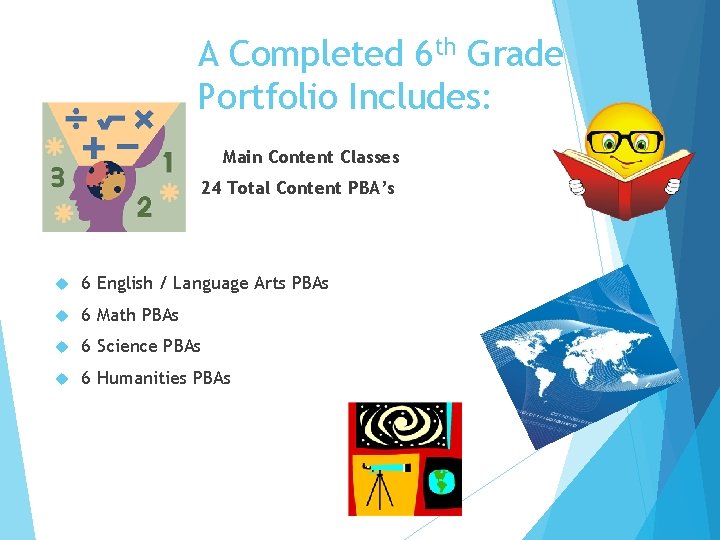 A Completed 6 th Grade Portfolio Includes: Main Content Classes 24 Total Content PBA’s