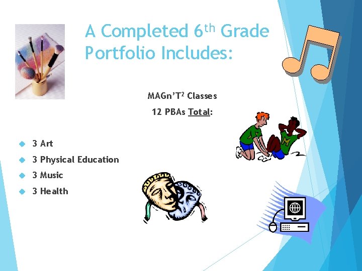A Completed 6 th Grade Portfolio Includes: MAGn’T 2 Classes 12 PBAs Total: 3