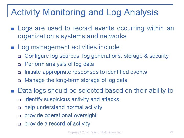 Activity Monitoring and Log Analysis Logs are used to record events occurring within an Activity Monitoring and Log Analysis Logs are used to record events occurring within an