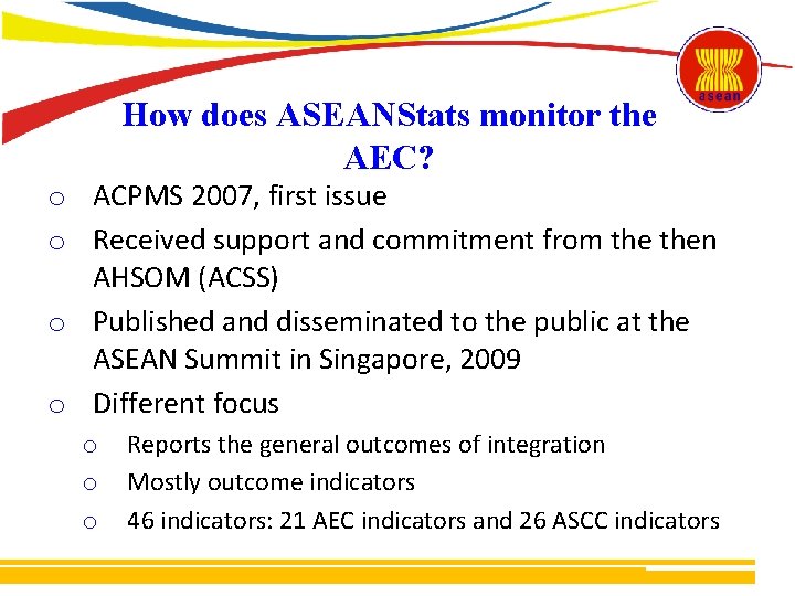 How does ASEANStats monitor the AEC? o ACPMS 2007, first issue o Received support