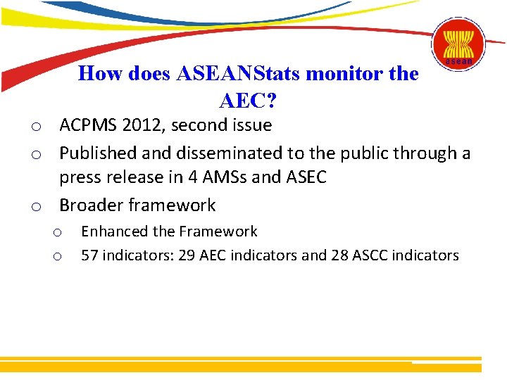 How does ASEANStats monitor the AEC? o ACPMS 2012, second issue o Published and