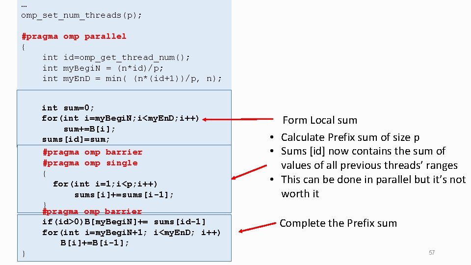 … omp_set_num_threads(p); #pragma omp parallel { int id=omp_get_thread_num(); int my. Begi. N = (n*id)/p;