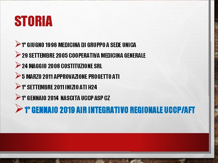 STORIA Ø 1° GIUGNO 1996 MEDICINA DI GRUPPO A SEDE UNICA Ø 29 SETTEMBRE