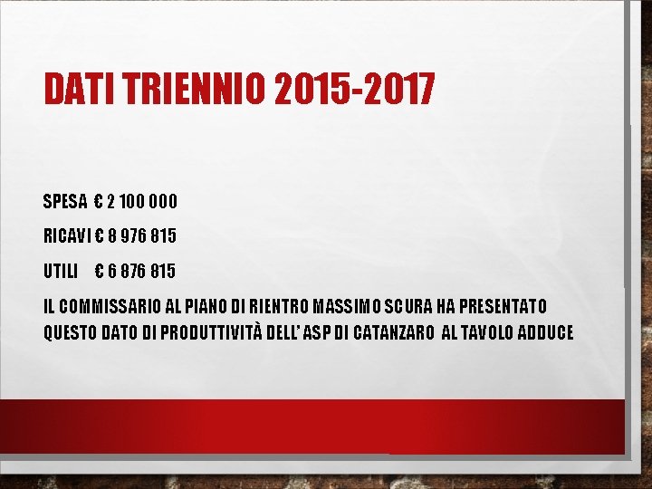 DATI TRIENNIO 2015 -2017 SPESA € 2 100 000 RICAVI € 8 976 815