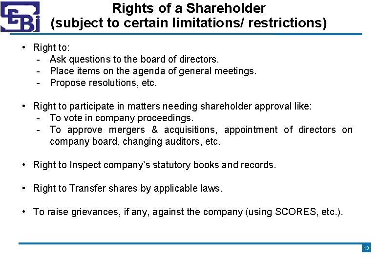 Rights of a Shareholder (subject to certain limitations/ restrictions) • Right to: - Ask
