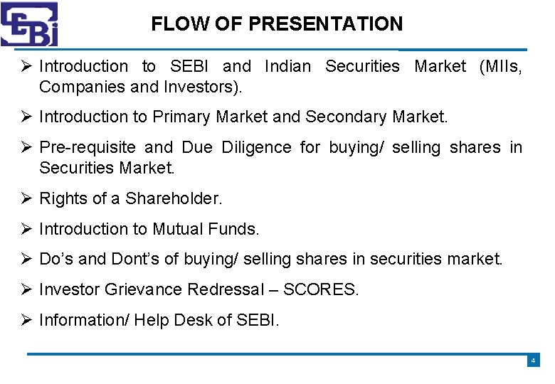 FLOW OF PRESENTATION Introduction to SEBI and Indian Securities Market (MIIs, Companies and Investors).