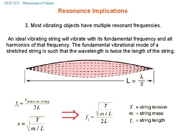 ISNS 3371 - Phenomena of Nature Resonance Implications 3. Most vibrating objects have multiple