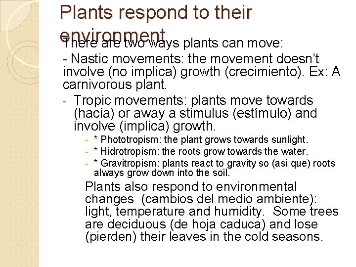 Plants respond to their environment There are two ways plants can move: - Nastic