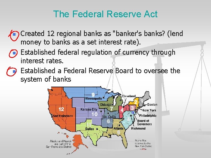 The Federal Reserve Act n n n Created 12 regional banks as "banker's banks?