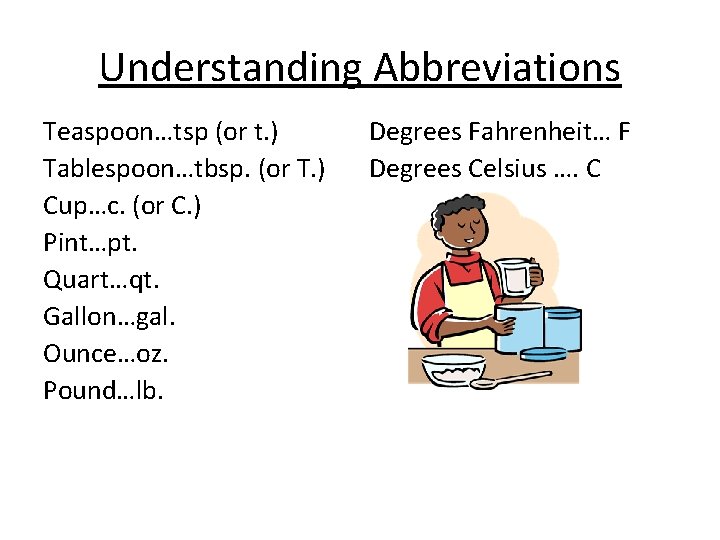 Understanding Abbreviations Teaspoon…tsp (or t. ) Degrees Fahrenheit… F Tablespoon…tbsp. (or T. ) Degrees