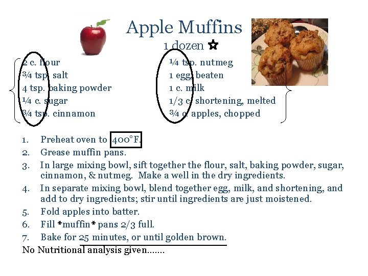 Apple Muffins 1 dozen 2 c. flour ¾ tsp. salt 4 tsp. baking powder