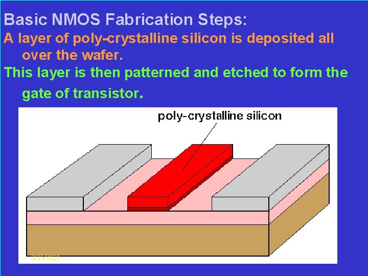  Basic NMOS Fabrication Steps: A layer of poly-crystalline silicon is deposited all over