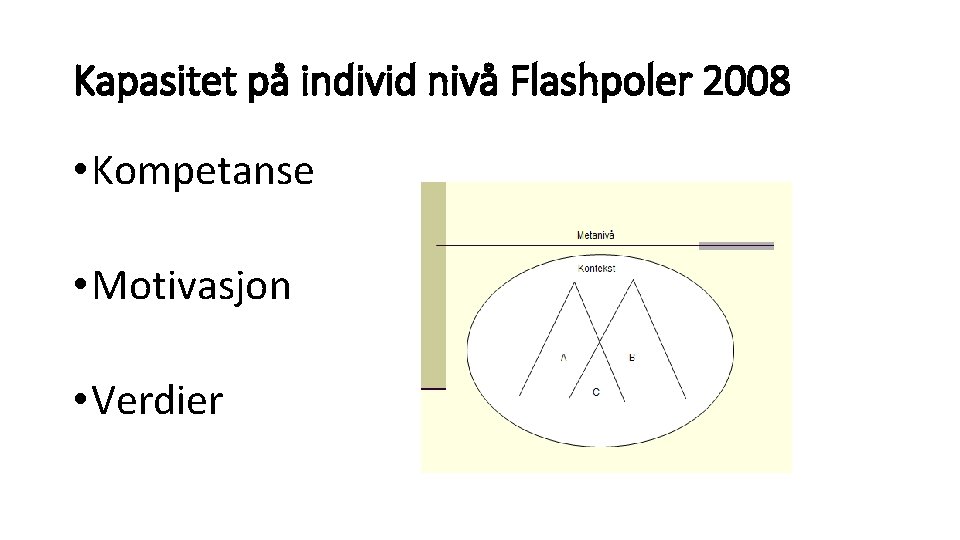 Kapasitet på individ nivå Flashpoler 2008 • Kompetanse • Motivasjon • Verdier 