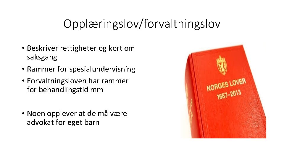 Opplæringslov/forvaltningslov • Beskriver rettigheter og kort om saksgang • Rammer for spesialundervisning • Forvaltningsloven