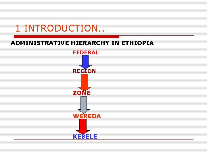 1 INTRODUCTION. . ADMINISTRATIVE HIERARCHY IN ETHIOPIA FEDERAL REGION ZONE WEREDA KEBELE 