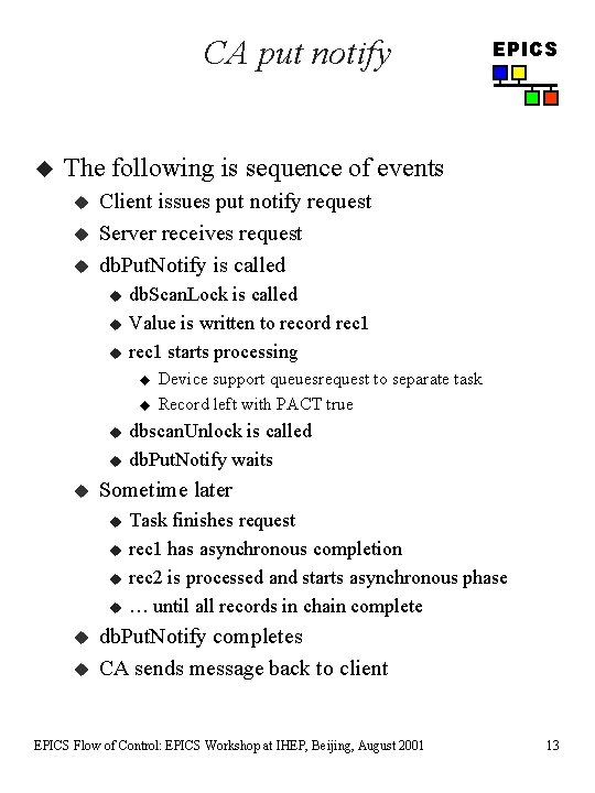 CA put notify u EPICS The following is sequence of events u u u