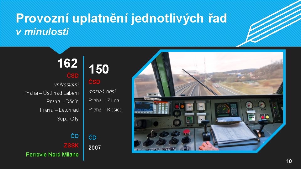 Provozní uplatnění jednotlivých řad v minulosti 162 150 ČSD vnitrostátní Praha – Ústí nad