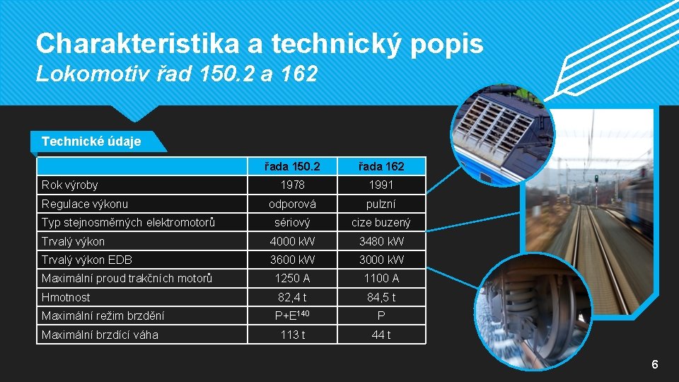 Charakteristika a technický popis Lokomotiv řad 150. 2 a 162 Technické údaje řada 150.