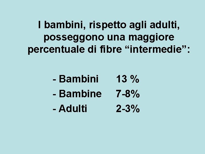 I bambini, rispetto agli adulti, posseggono una maggiore percentuale di fibre “intermedie”: - Bambini I bambini, rispetto agli adulti, posseggono una maggiore percentuale di fibre “intermedie”: - Bambini