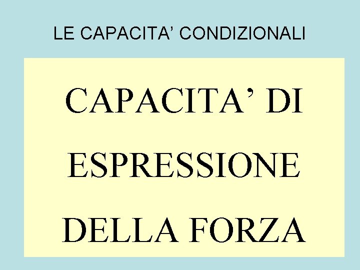 LE CAPACITA’ CONDIZIONALI • FORZA CAPACITA’ DI • • RESISTENZA ESPRESSIONE VELOCITA’ o RAPIDITA’ LE CAPACITA’ CONDIZIONALI • FORZA CAPACITA’ DI • • RESISTENZA ESPRESSIONE VELOCITA’ o RAPIDITA’