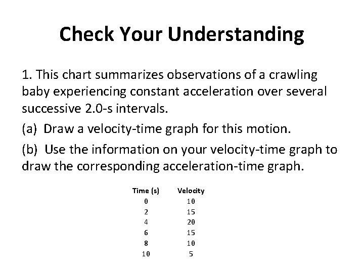 Check Your Understanding 1. This chart summarizes observations of a crawling baby experiencing constant