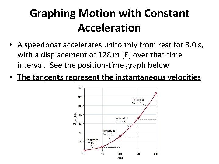 Graphing Motion with Constant Acceleration • A speedboat accelerates uniformly from rest for 8.