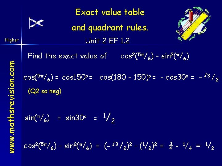 Exact value table and quadrant rules. Unit 2 EF 1. 2 www. mathsrevision. com