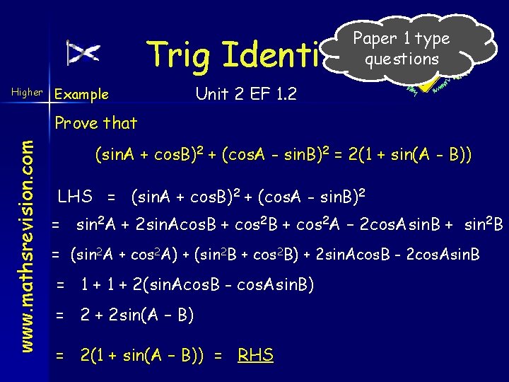 Paper 1 type questions Trig Identities Higher Example Unit 2 EF 1. 2 www.