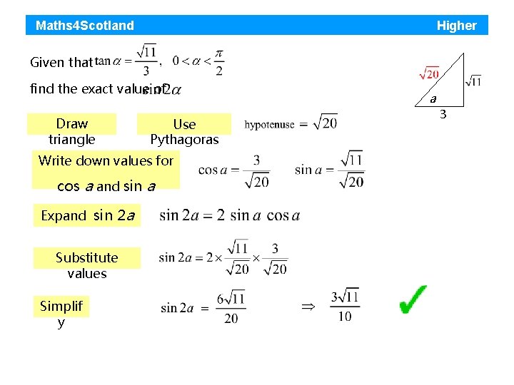 Maths 4 Scotland Higher Given that find the exact value of Draw triangle Use